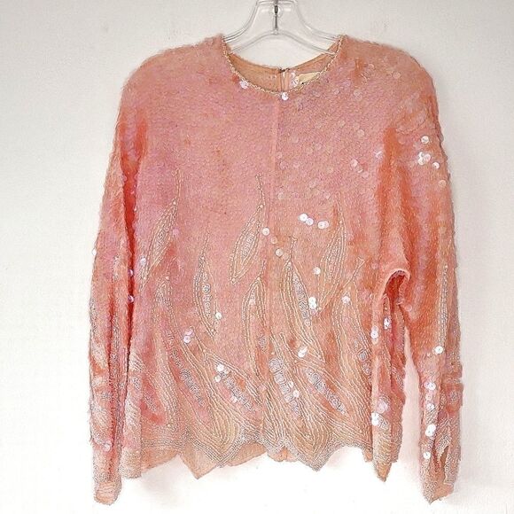 VTG Silk Pink Sequin LS Top M‎ - Picture 1 of 4